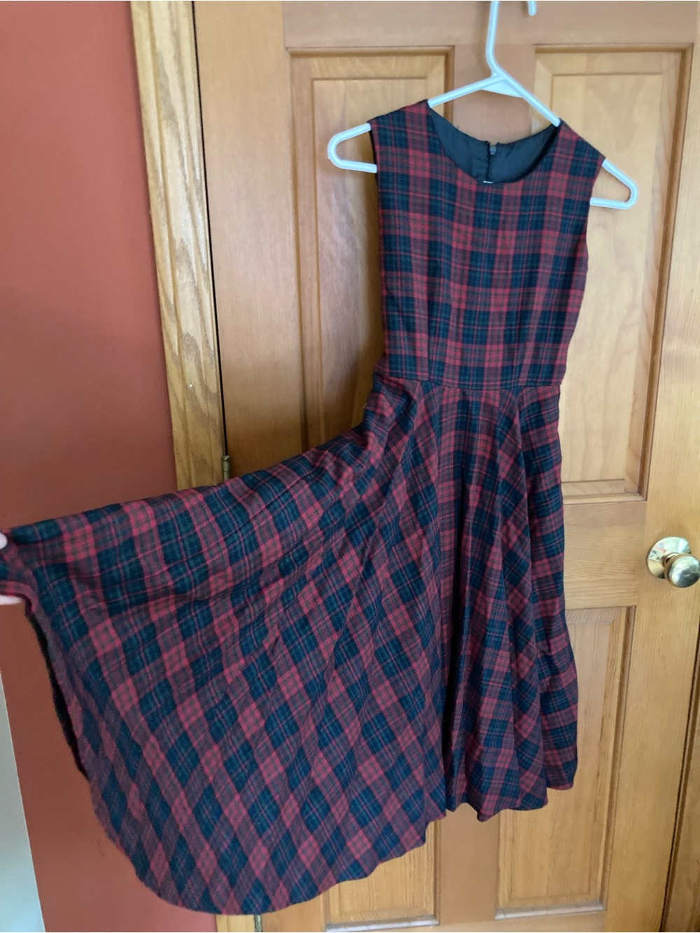 Vintage Handmade Girls Red Green Plaid Tartan Fit & Flare Dress Size 8-10